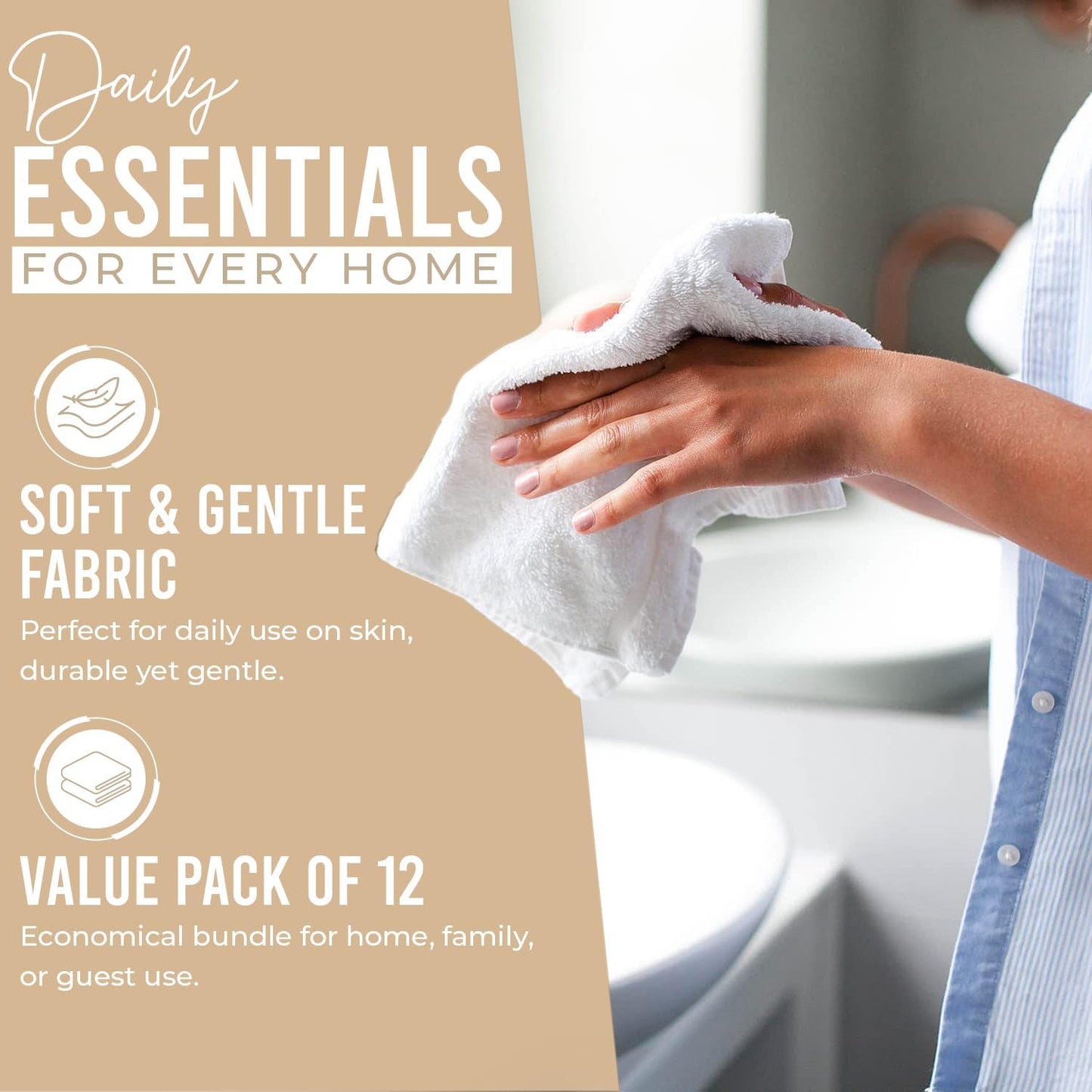 DAN RIVER 100% Cotton Wash Cloths 12 Pack [12x12] Soft & Absorbent washrags, Gym, Hotels & Spa Perfect for Everyday Use Fingertip Towels,Tan