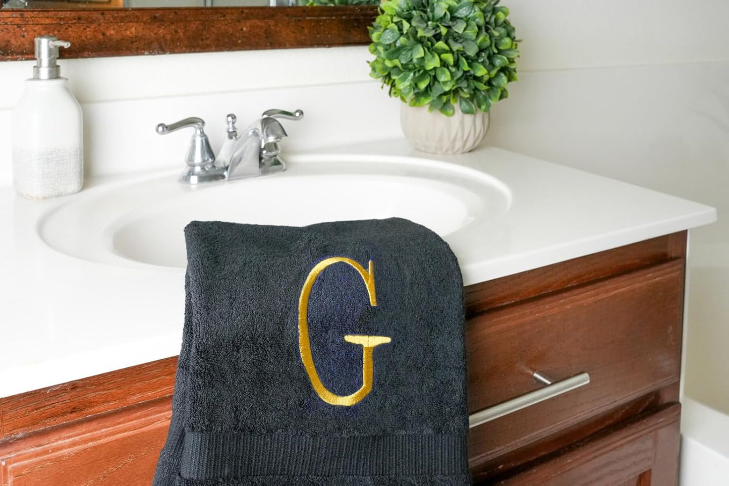Black Powder Room Hand Towel - Monogram Initial Hotel Quality Decorative Embroidered Luxury Towel for Spa - GOTS Organic Certified - Pack of 2 - Letter G