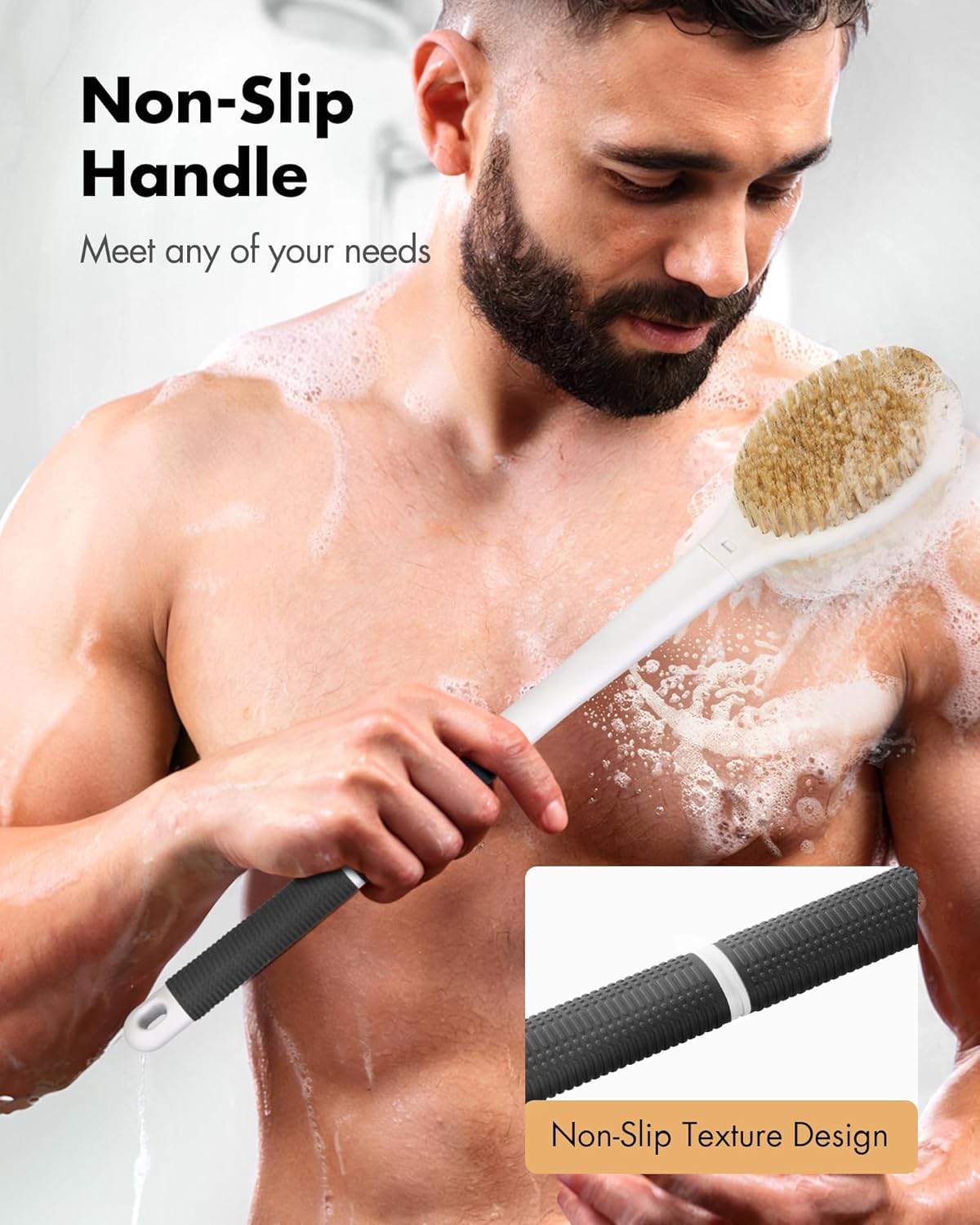 Back Scrubber Anti Slip for Shower: 18.1'' Long Handle Bath Brush with Stiff and Soft Bristles Body Exfoliator Wet or Dry Brushing for Women, Men, Elderly (Charcoal Gray)