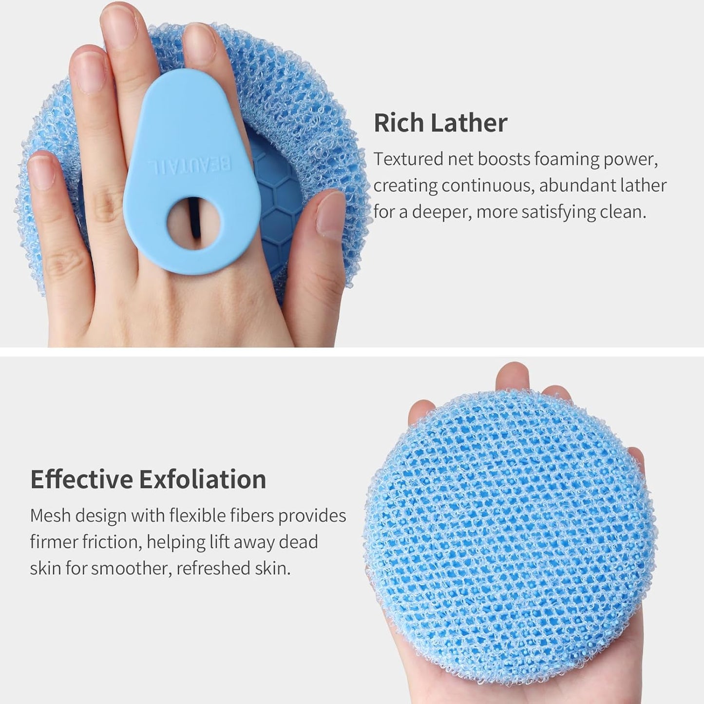 Silicone Body Scrubber with Scrub Net Set, BEAUTAIL 4 Pack for Rich Lather, Deep Cleansing, and Exfoliation – Durable, Easy to Clean, Gentle or Firmer Options – 2 Brushes (BK+BL), 2 Scrub Nets (GY+BL)