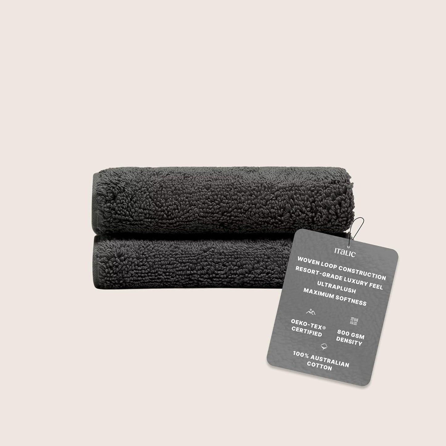 Italic Ultraplush 100% Australian Cotton Washcloths - Set of 2 Luxury Plush Face Wash Cloths, Soft and Absorbent 800 GSM Washcloth for Bathroom, Spa, Gym, Face and Body (Charcoal)