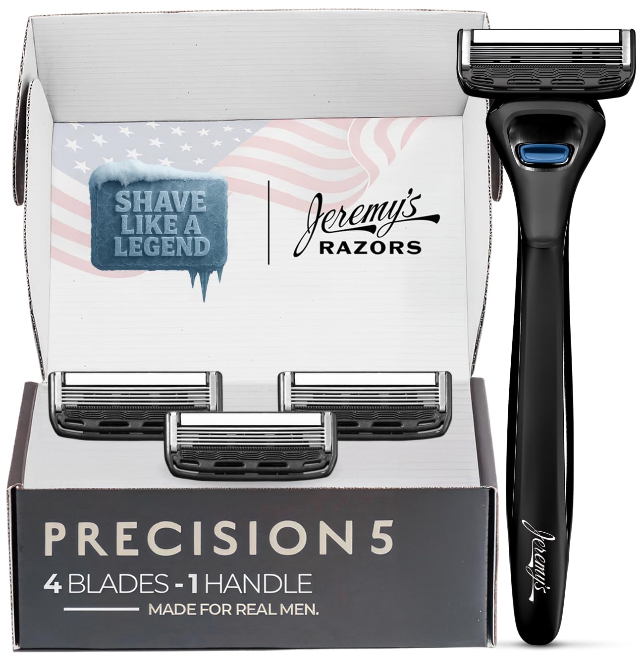 Jeremy's Razors for Men: Precision 5 Blade Razor - Stainless Steel Blades, Lubricating Strip, Precision Trimmer - Men's Shaving Kit, Travel Face Body Head Shavers (1 Razor 4 Cartridges)