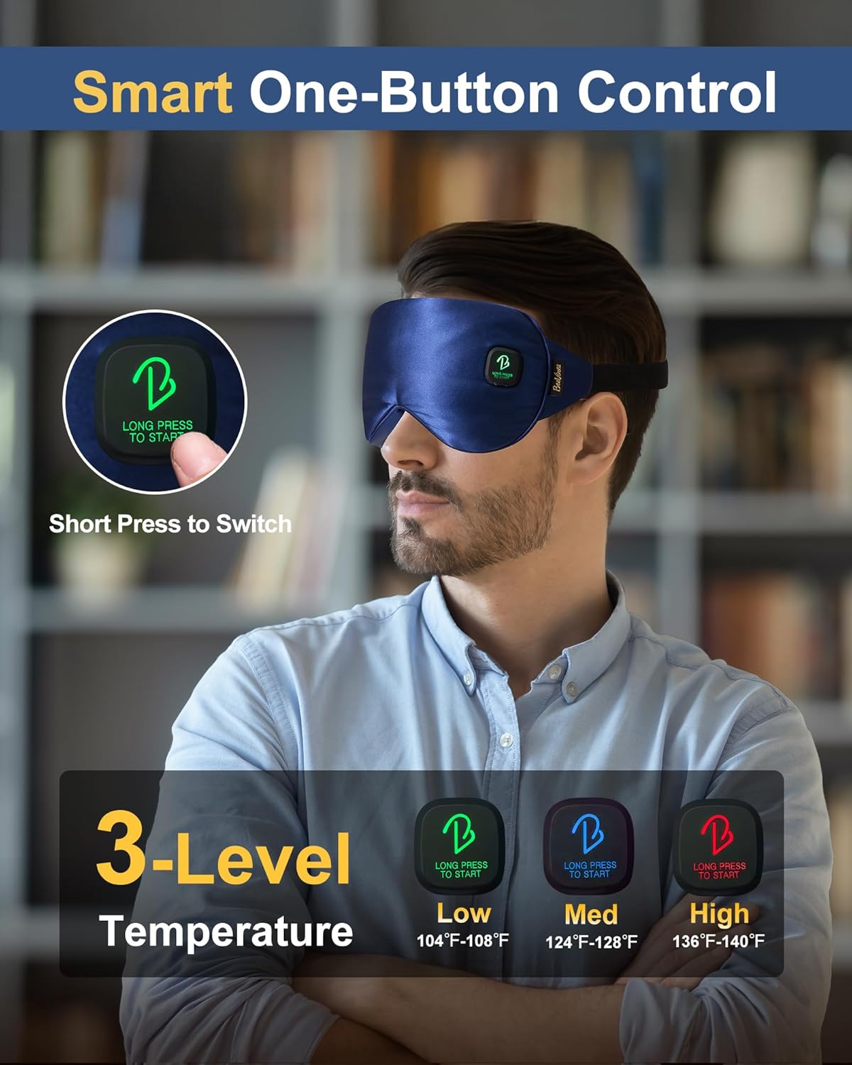 BeeVines Cordless Heated Eye Mask, Warm Compress for Dry Eyes, Light Blocking Heat Eye Masks for Women Men, Rechargeable Soft Heating Pad with Travel Pouch & Washable Cover(Blue)