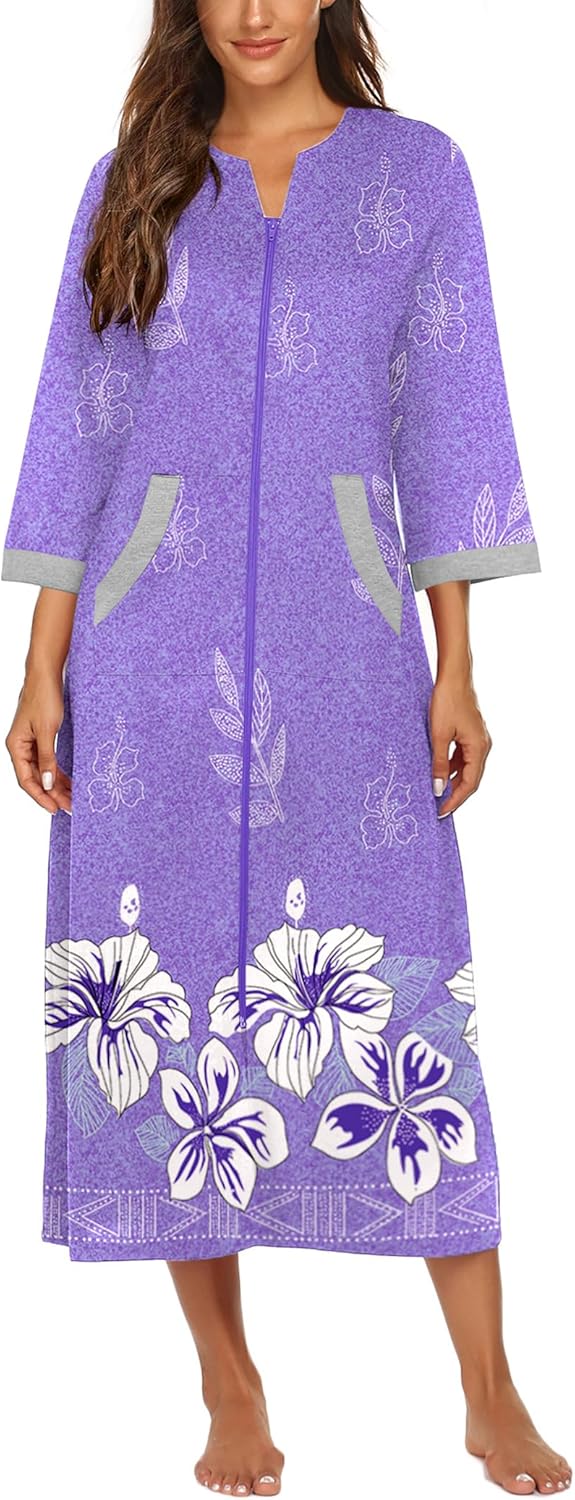 Ekouaer Women Zipper Robe 3/4 Sleeves Loungewear Dress Full Length Sleepwear Pockets Housecoat Nightgown Long Bathrobe