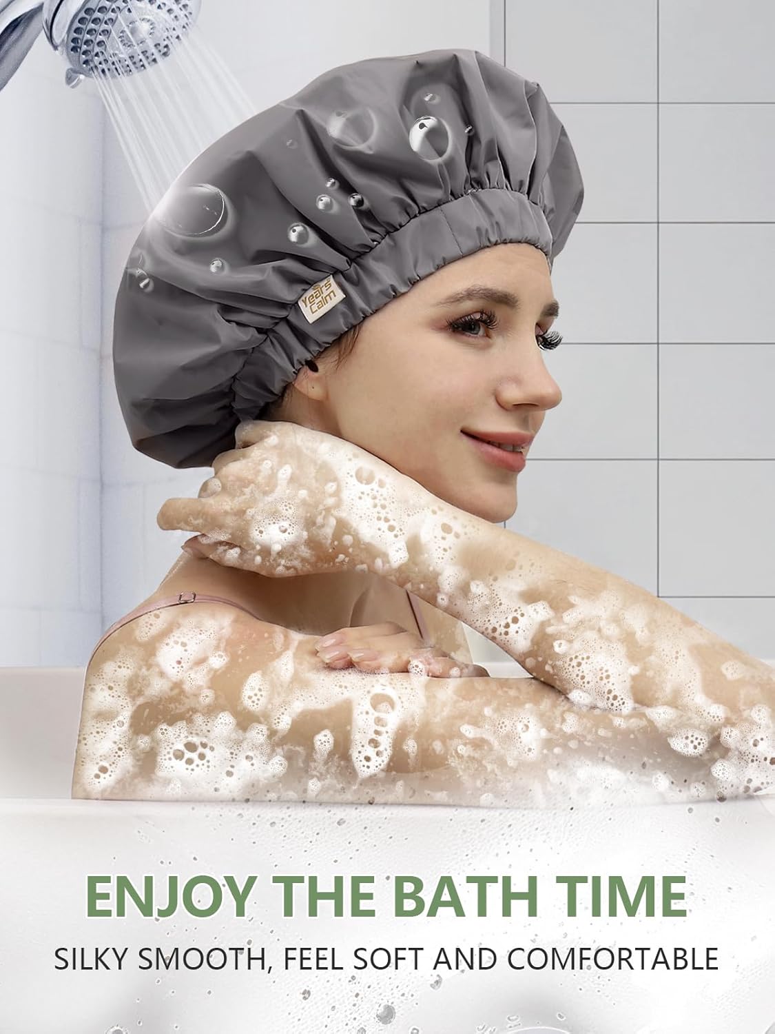 Years calm Reusable Waterproof Shower Caps for Women, Hair Caps for Showers, Double-Layer Elastic Design, for All Hairstyles, Travel-Friendly (grey)