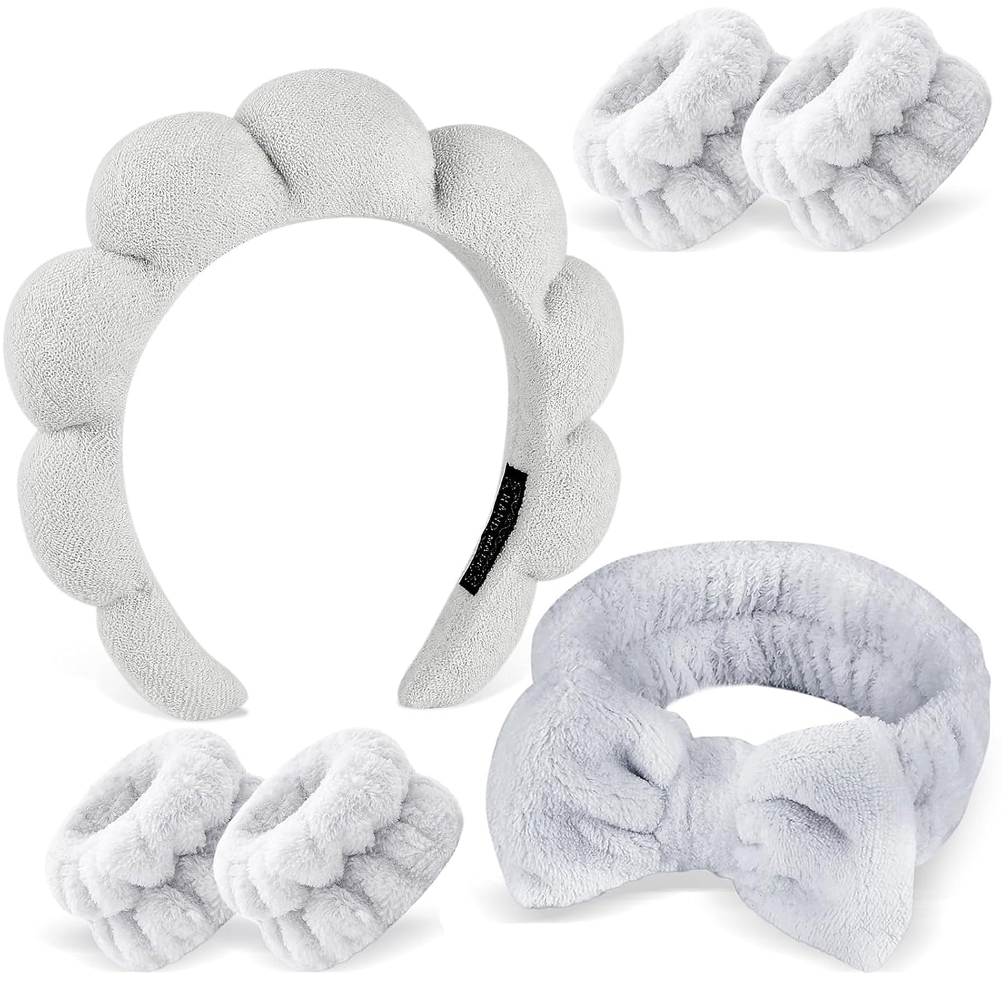 Zkptops 6Pcs Spa Headband for Washing Face Wristbands Set Women Bubble Skincare Makeup Sponge Terry Cloth Padded Puffy Headband Bow Tie Hairband Cute Non Slip Thick Hair Accessory Gifts (Grey)