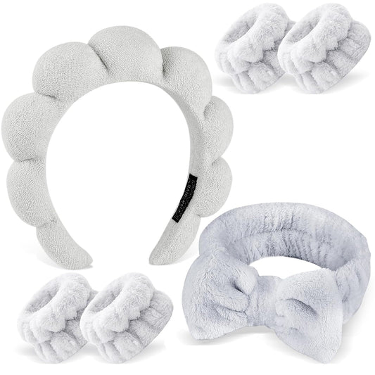Zkptops 6Pcs Spa Headband for Washing Face Wristbands Set Women Bubble Skincare Makeup Sponge Terry Cloth Padded Puffy Headband Bow Tie Hairband Cute Non Slip Thick Hair Accessory Gifts (Grey)