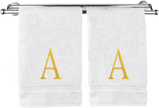 Monogrammed Hand Towel, Personalized Initial Gift, Extra Absorbent 100% Turkish Cotton - Soft Terry Finish - Set of 2 - Gold Block Initial A - Embroidered on White Towels