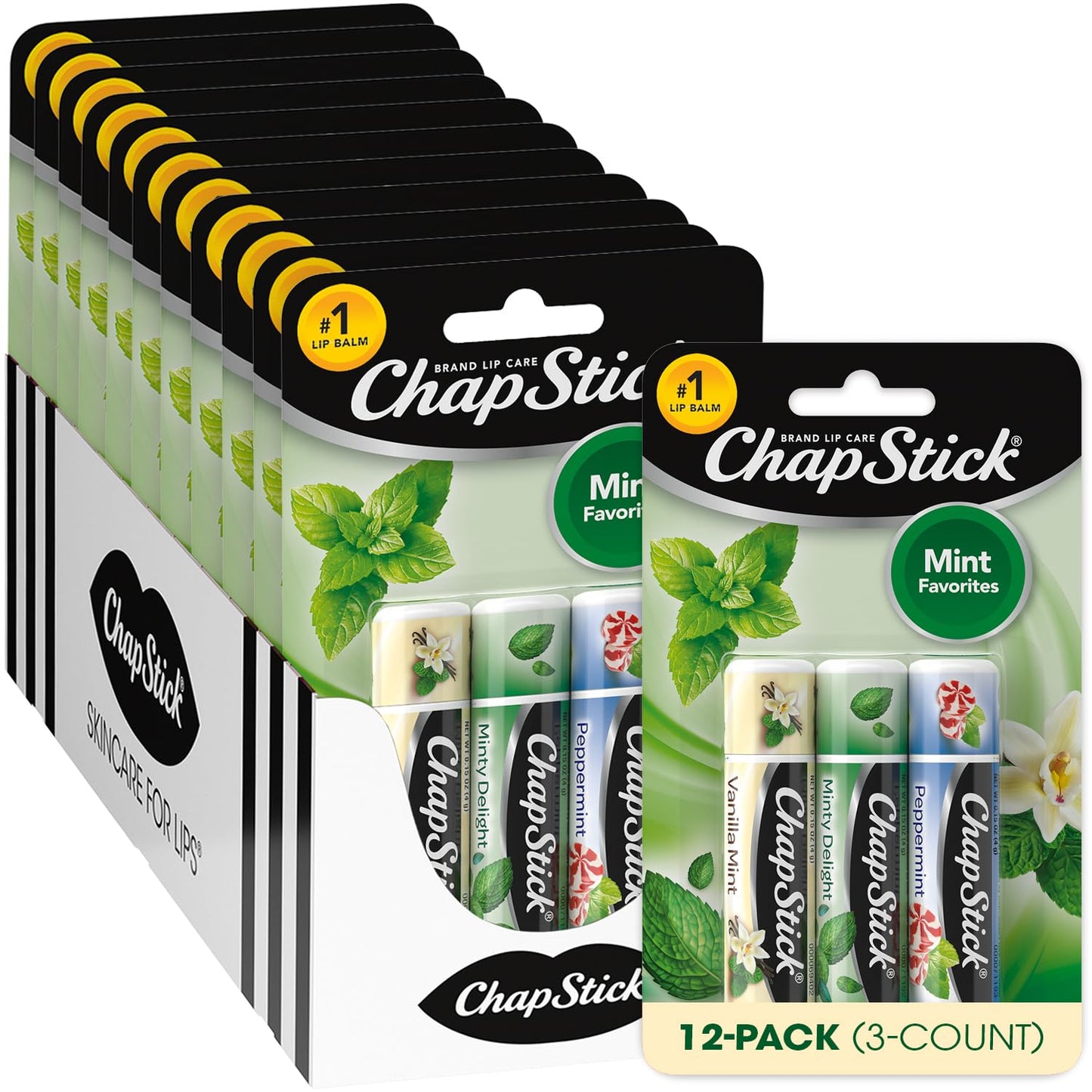 ChapStick Bulk Lip Balm, Mint Favorites, 3-Packs (12 Sets/36 Tubes) – Fresh & Invigorating Lip Care, Birthday Gifts, Party Favors, Stocking Stuffers, 0.15 Oz Ea