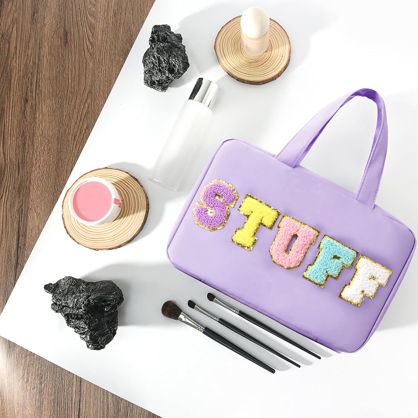 Toiletry Bag for Women Chenille Letter Makeup Bag Water-resistant Cosmetic Bag Travel Bag with Hanging Hook Preppy for Store Toiletries Cosmetic Accessories Large Capacity Purple