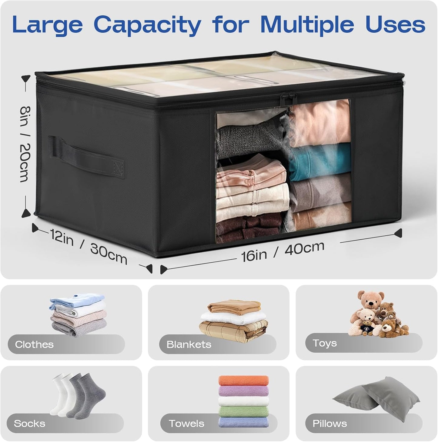 Clothes Storage Bags, Foldable Thick Fabric Blanket Storage Bags, Large Clear Window & Carry Handles, Great for Clothes, Blankets, Closets, Pillows, Toys (Black, 6PACK)