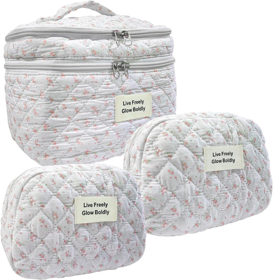 3Pcs Large Travel Quilted Makeup Bag, Double Layer Cute Floral Cotton Toiletry Bag, Aesthetic Flower Cosmetic Bag Coquette Skincare Organizer Bag for Wome (74-PinkFloral)