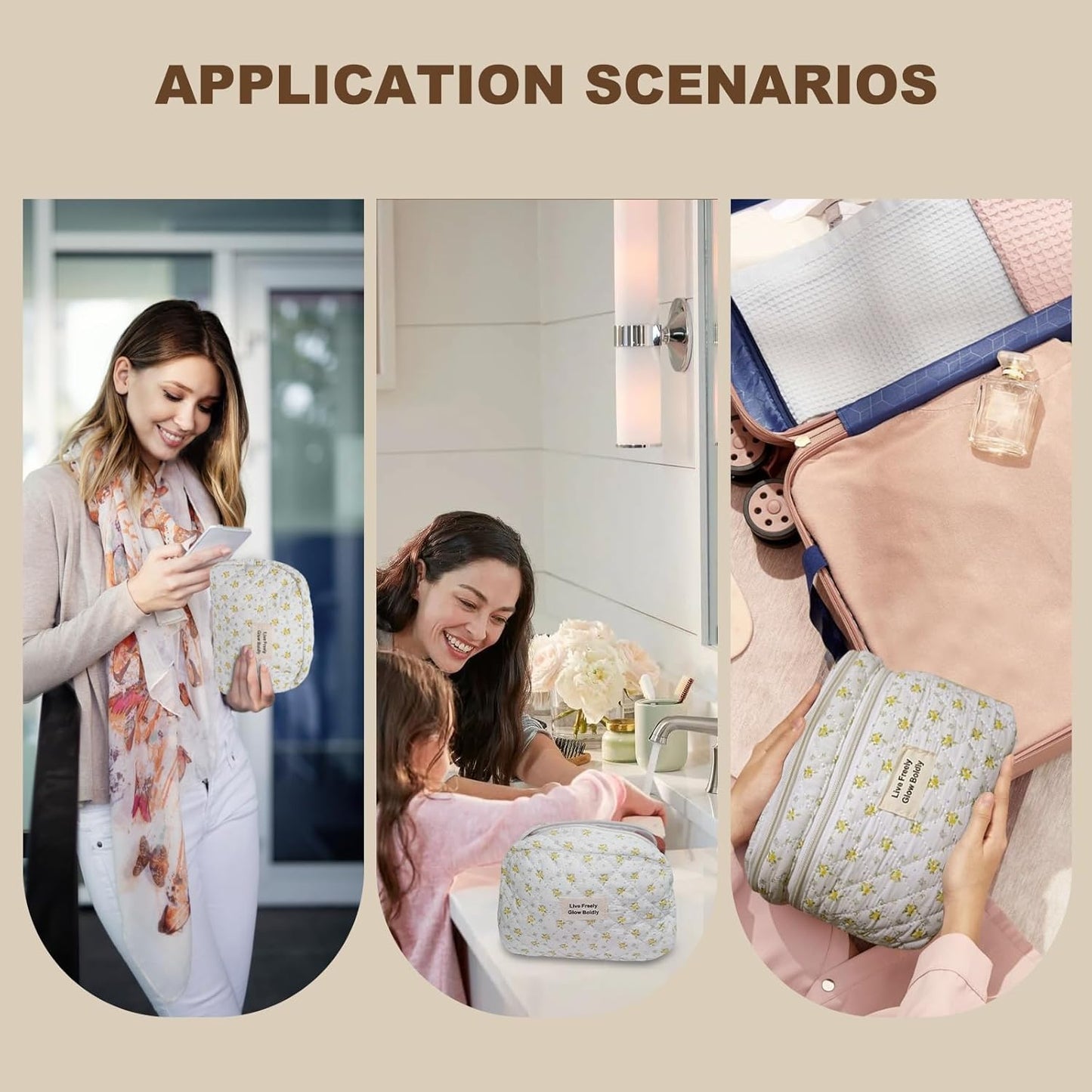 3Pcs Large Travel Quilted Makeup Bag, Double Layer Cute Floral Cotton Toiletry Bag, Aesthetic Flower Cosmetic Bag Coquette Skincare Organizer Bag for Women (76-YellowFloral)
