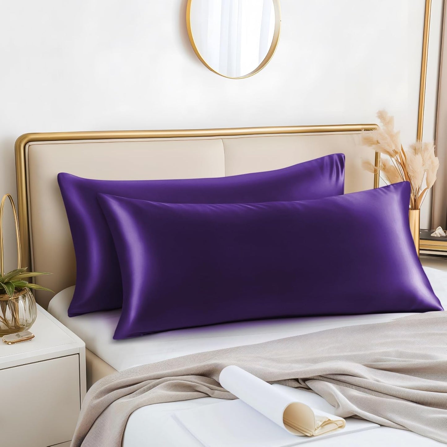 BEDELITE Satin Body Pillow Cover 2 Pack, Super Soft and Cooling Body Pillow Pillowcase for Hair and Skin, Breathable Silky Full Long Pillowcase Cover(20"x54", Plum Purple)