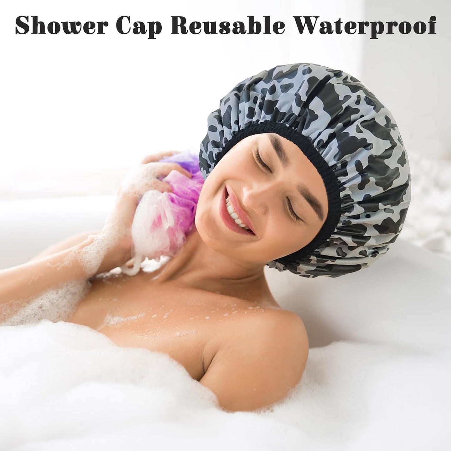 Shower Cap for Women, Shower Caps Reusable Waterproof, Large Plastic Satin Lined Shower Cap for Braids Long Hair