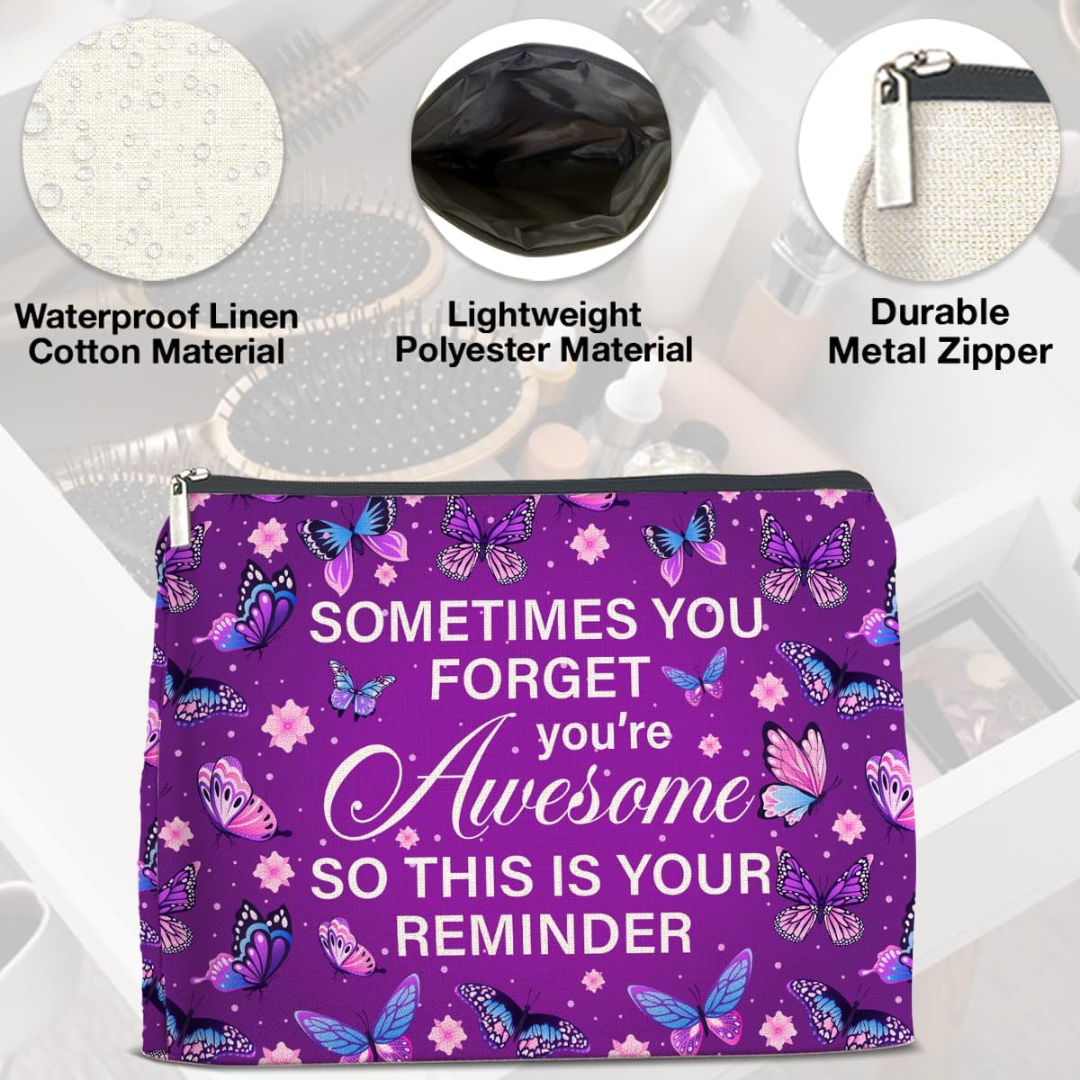 Purple Butterfly Makeup Bag Gifts for Women Purple Butterflies You're Awesome This Is Your Reminder Cosmetic Bag Zipper Pouch Travel