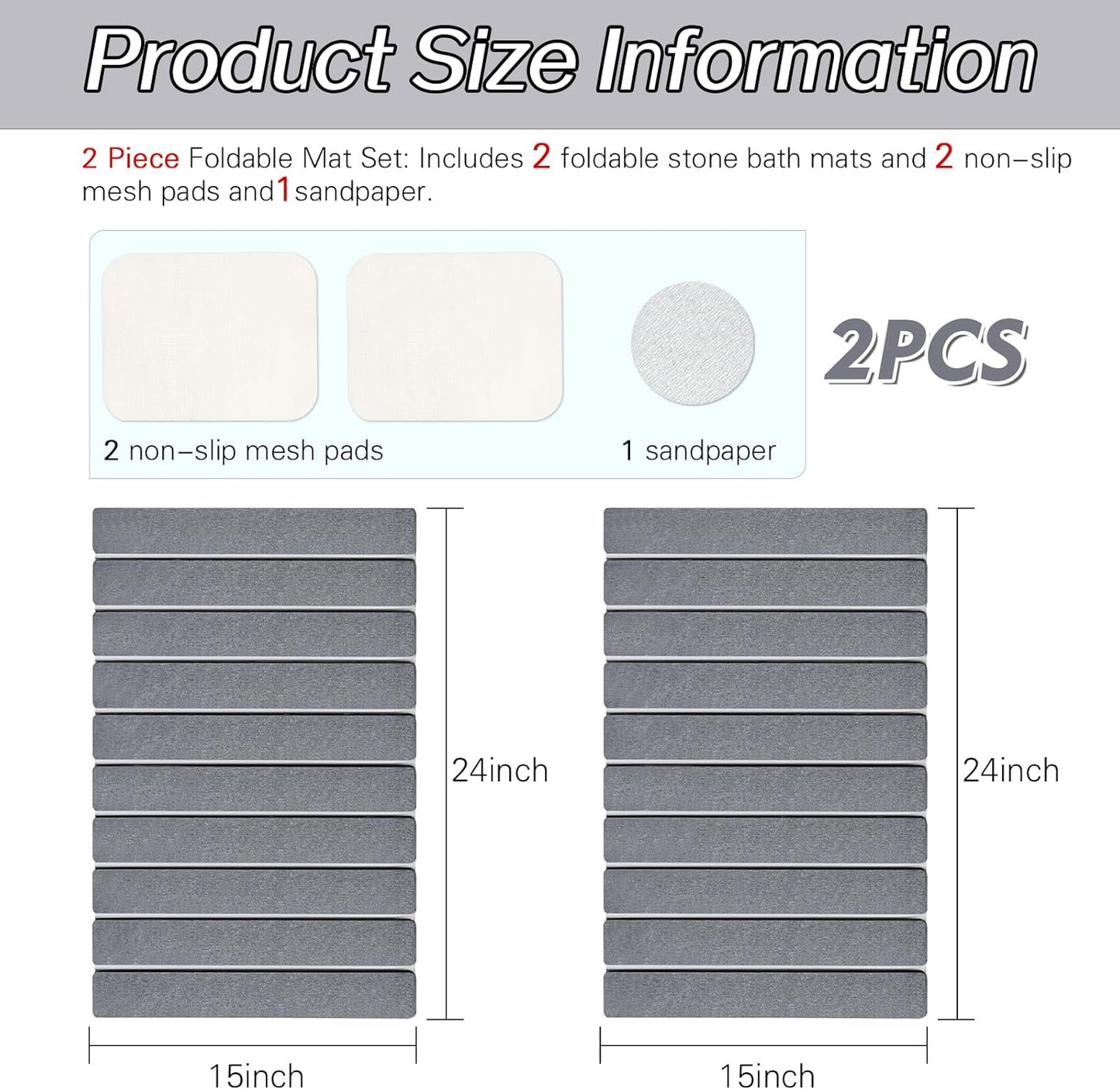 2 Pack Foldable Stone Bath Mats, Gray Super Absorbent Diatomaceous Earth Bath Rug, Non-Slip Shower Mat, Quick-Drying Bath Rug and Drying Mat for Tub and Shower