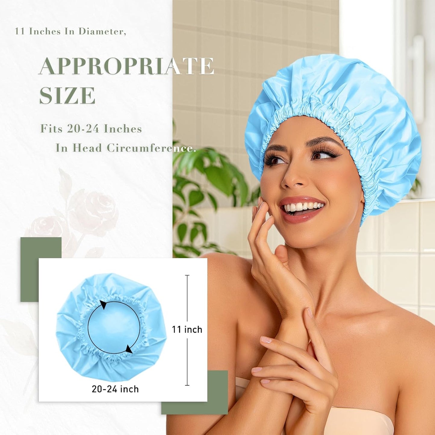 Reusable Shower Cap for Women, Large Waterproof Shower Essentials Bonnet Washable Elastic Band Bath Hair Wrap Hat for Long Hair, Braids(Light Blue)