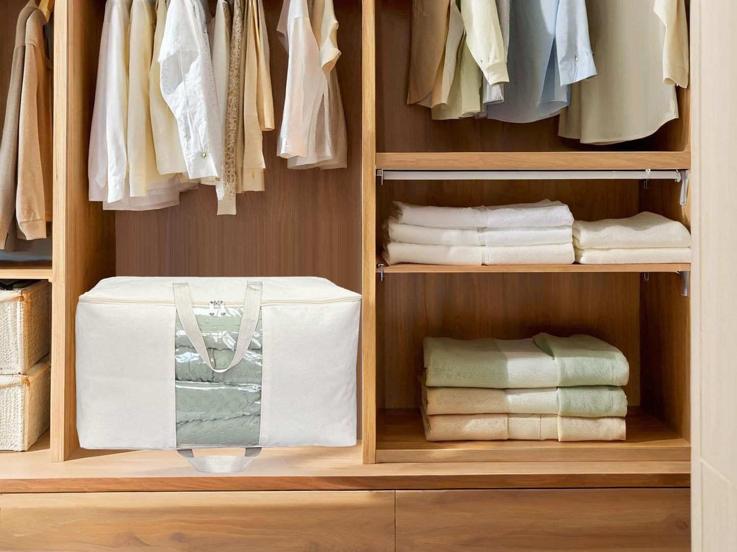 Soft Canvas Clothes Storage Bags with Four Carrying Handles and Clear Window, Closet Organizer for Clothing, Blankets Sheets Pillows and Bedding, 55L, 6 Pack, White