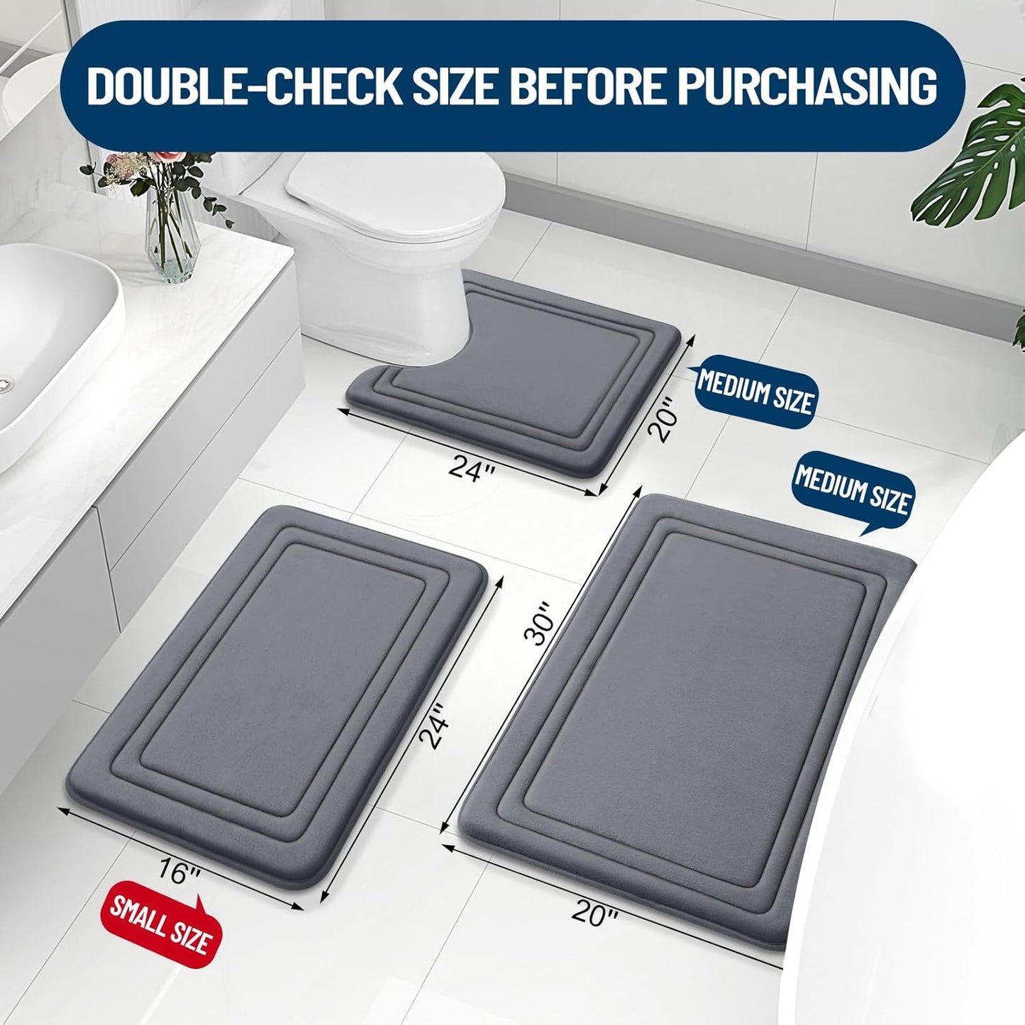 Grandaily Memory Foam Bath Mat Rug 70x24, Ultra Soft, Non-Slip and Absorbent Bathroom Rugs, Machine Wash Dry, Comfortable Bath Carpet for Bathroom Floor, Tub and Shower, Dark Grey