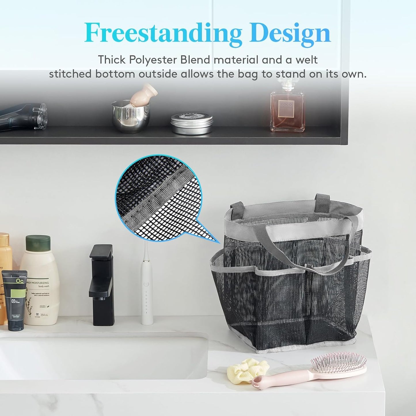 Lifewit Mesh Shower Caddy Freestanding Portable Shower Tote Bag for College Dorm, Bathroom, Gym, Quick Dry Hanging Shower Organizer with 7 Storage Pockets for Toiletry Essentials, Large, Light Gray