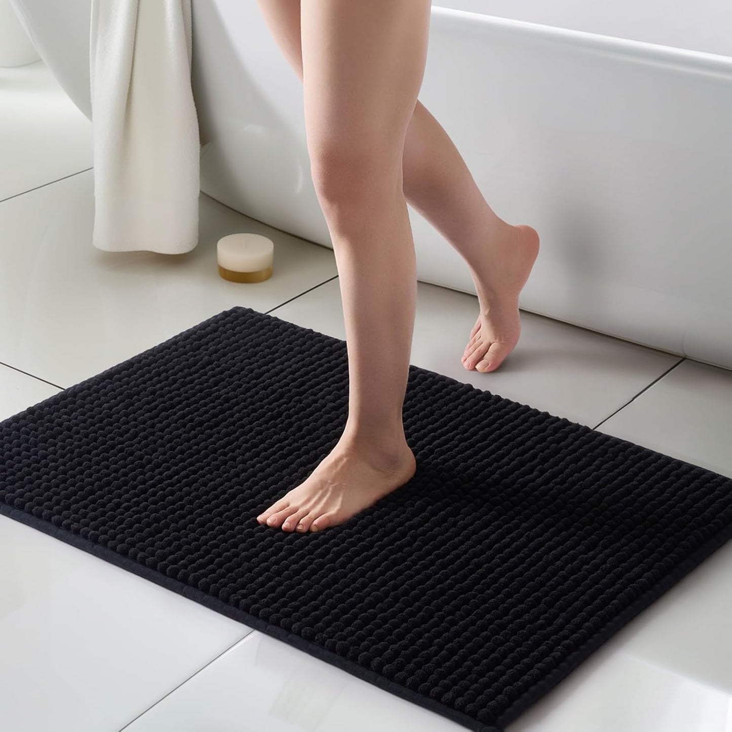 FRESHMINT Thick Chunky Chenille Bathroom Rugs 24"x36", Non Slip Bath Mat for Bathroom Floor, Large Soft Bathroom Decor Accessories, Cute Shower Mat Water Absorbent, Washable, Black