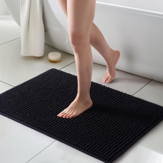 FRESHMINT Thick Chunky Chenille Bathroom Rugs 24"x36", Non Slip Bath Mat for Bathroom Floor, Large Soft Bathroom Decor Accessories, Cute Shower Mat Water Absorbent, Washable, Black