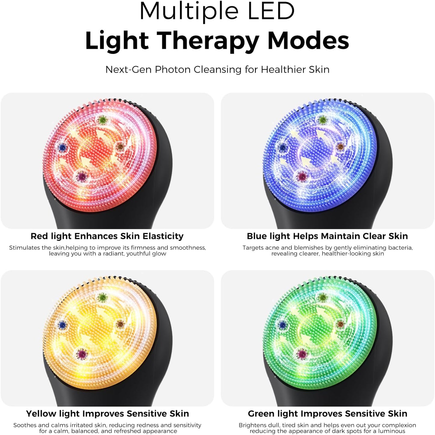 Facial Cleansing Brush Face Scrubber - Rechargeable Electric Face Cleansing Brush with 4 LED Gentle Light Liquid Silicone Modes Exfoliator,IPX7 Waterproof Ideal Gift for Men and Women-Black