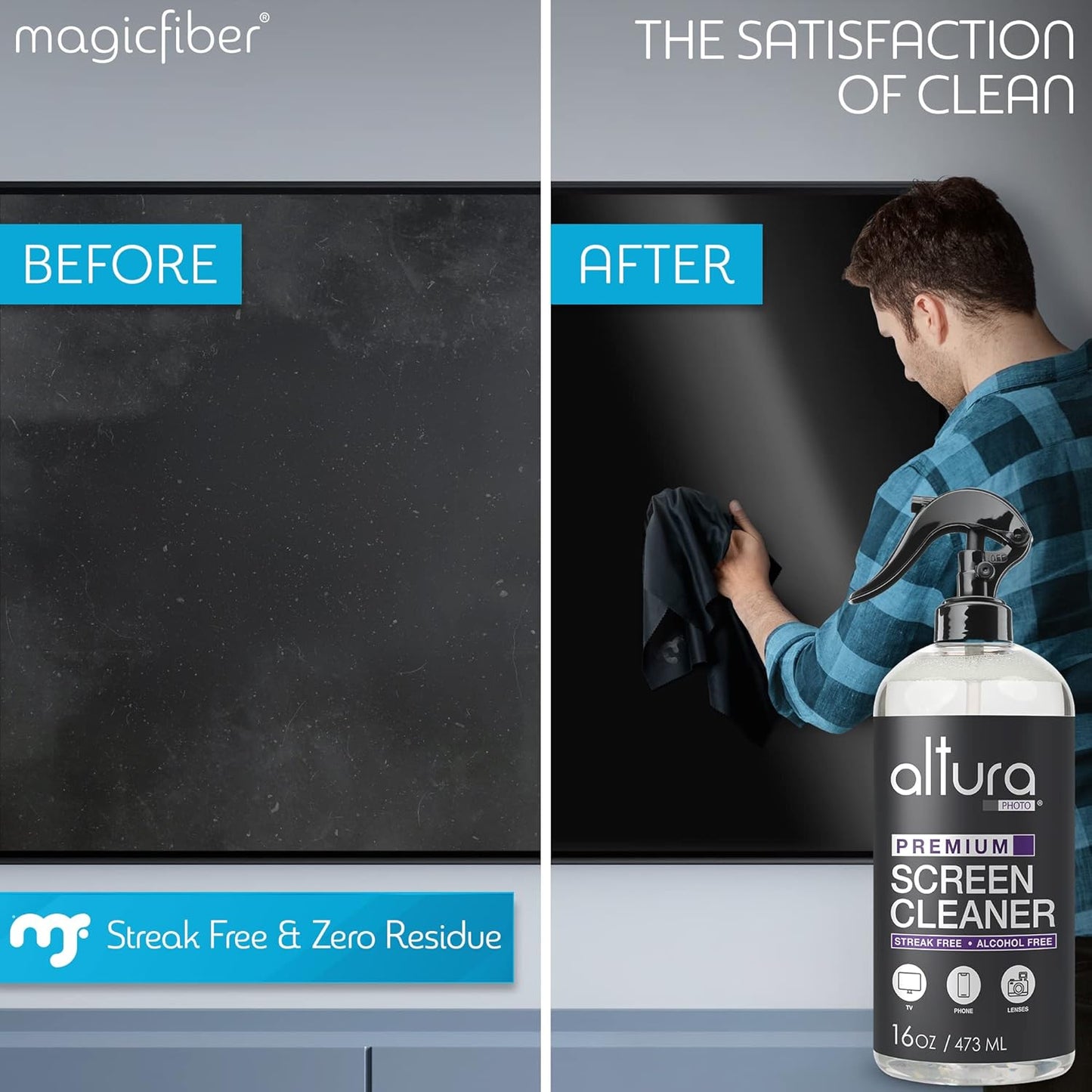 Screen Cleaner Spray & Wipe Kit (Streak & Scratch Free) Computer Screen Cleaner + 2 Microfiber Cleaning Cloths Cleaning Kit LCD LED OLED Touchscreen Flat Smart TV Monitor Laptop Electronics Car 16oz