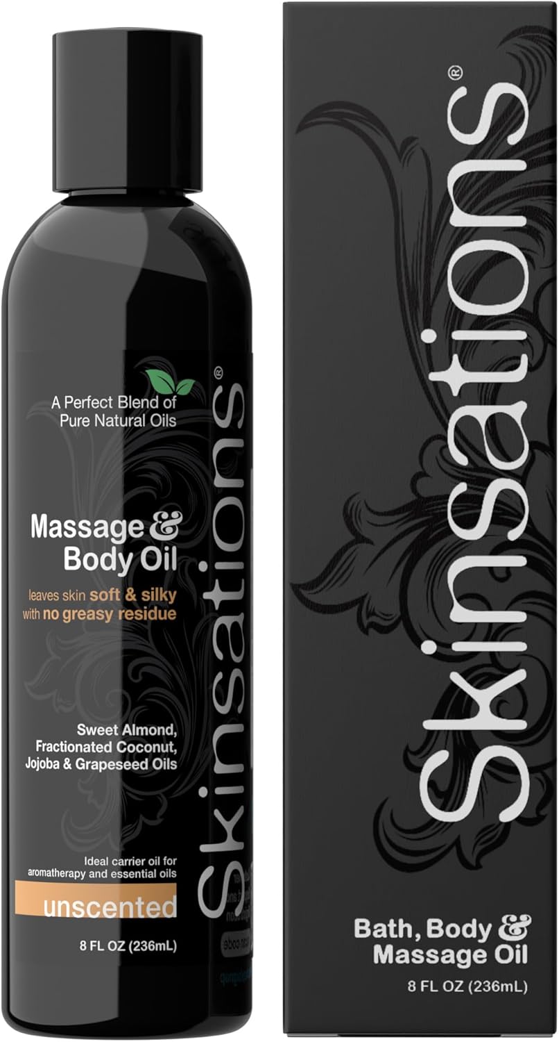 Skinsations - Unscented Massage Oil for Massage Therapy - 8oz | Fragrance-Free Body Oil for Sensitive Skin & Aromatherapy | Sweet Almond, Jojoba, Coconut & Grapeseed Oils