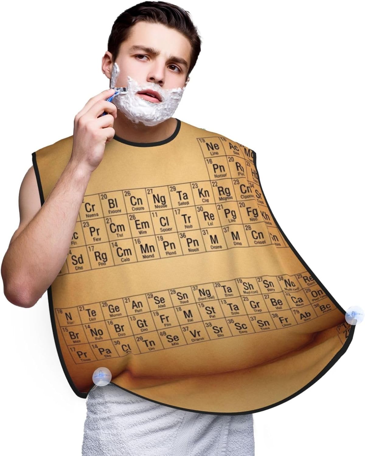 Adjustable Beard Bib, Non-Stick Hair Catcher Cape for Men's Shaving, Waterproof with 2 Suction Cups, Retro Vintage Map Periodic Table of The Elements Shave Bib