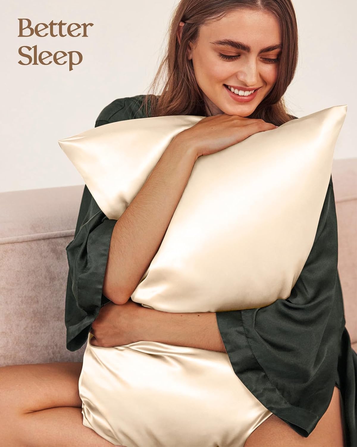 Silk Pillowcase 2 Pack - Pillow Cases King Set of 2 Size 20" x 36" for Hair and Skin Smooth Soft Breathable with Hidden Zipper Cooling Pillow Covers for Sleeping Women, Beige