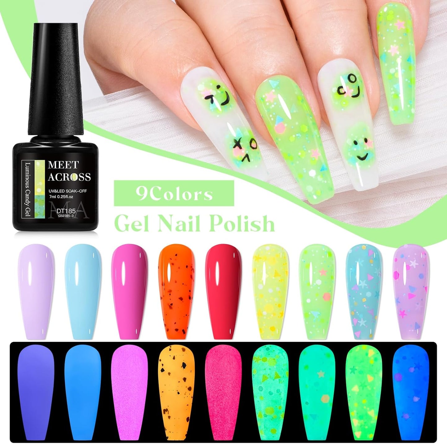 MEET ACROSS 9 Colors Gel Nail Polish + 3PCS Function Gel Nail Polish Kit,Fashion Nail Art Set Design Gifts for Women Manicure Salon (SET16, 12pcs)