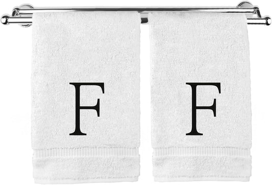 Monogrammed Hand Towel, Personalized Initial Gift, Extra Absorbent 100% Turkish Cotton - Soft Terry Finish - Set of 2 - Black Block Initial F - Embroidered on White Towels