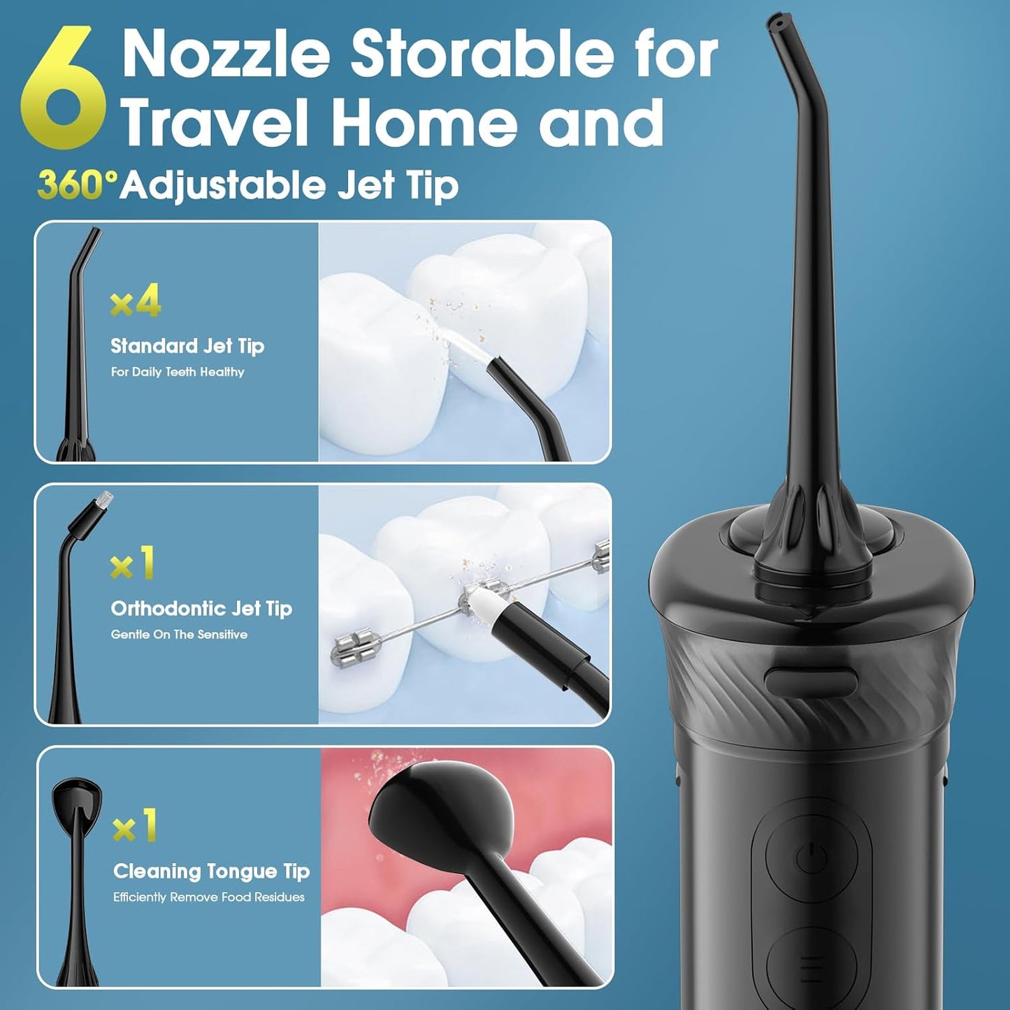 HANGSUN Portable Travel Water Flosser - Compact Cordless,30 Days Battery, Deep Plaque Removal, 4 Modes with DIY, 6 Nozzles for Sensitive Gums&Braces, IPX7, Telescopic 180ml Tank, Rechargeable, Black