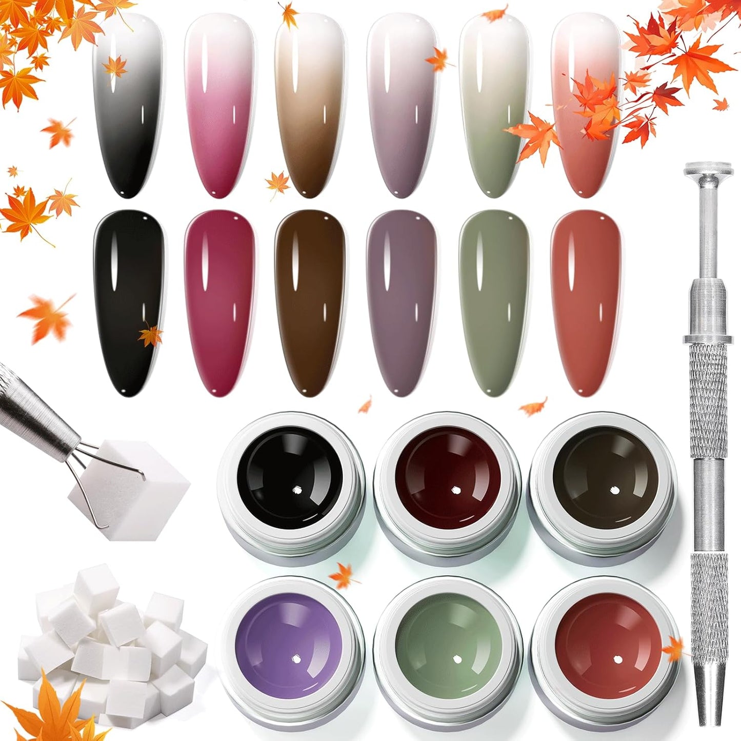 6 Colors Pat Painting Gel Polish Kit for Nails, Ombre Gradient Fall Winter Gel Nail Polish with 30PCS Sponge Applicators & Grabbing Pen,Nail Art for DIY French Manicure at Home