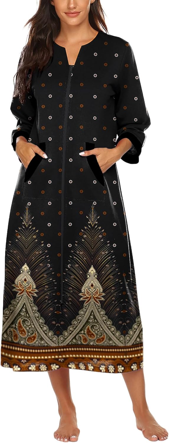 Ekouaer Women Zipper Robe 3/4 Sleeves Loungewear Dress Full Length Sleepwear Pockets Housecoat Nightgown Long Bathrobe