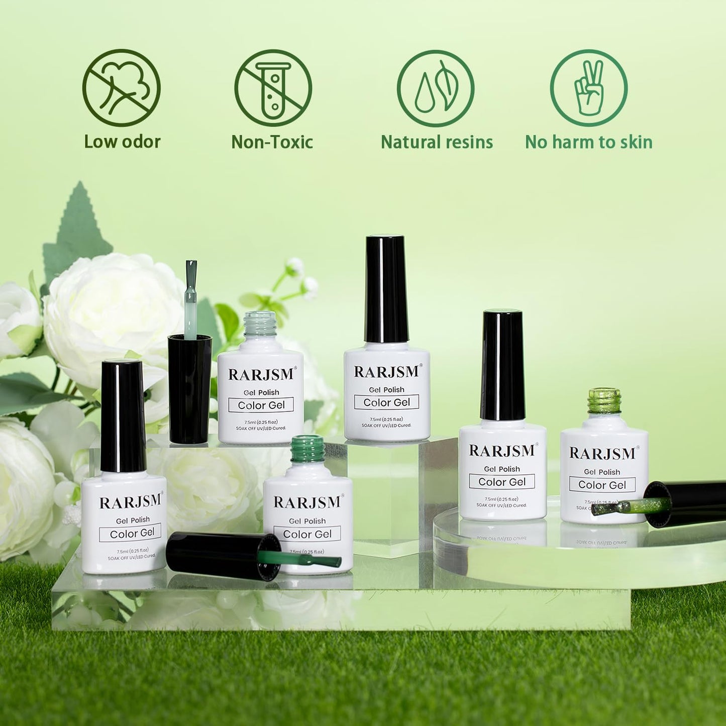 RARJSM Green Jelly Glass Gel Nail Polish Set 6pcs Clear Crytal Army Dark Jade Sage Green Transparent Sheer Amber Series Milky Diamond Cat Eye Gel Varnish LED UV Curing Requires