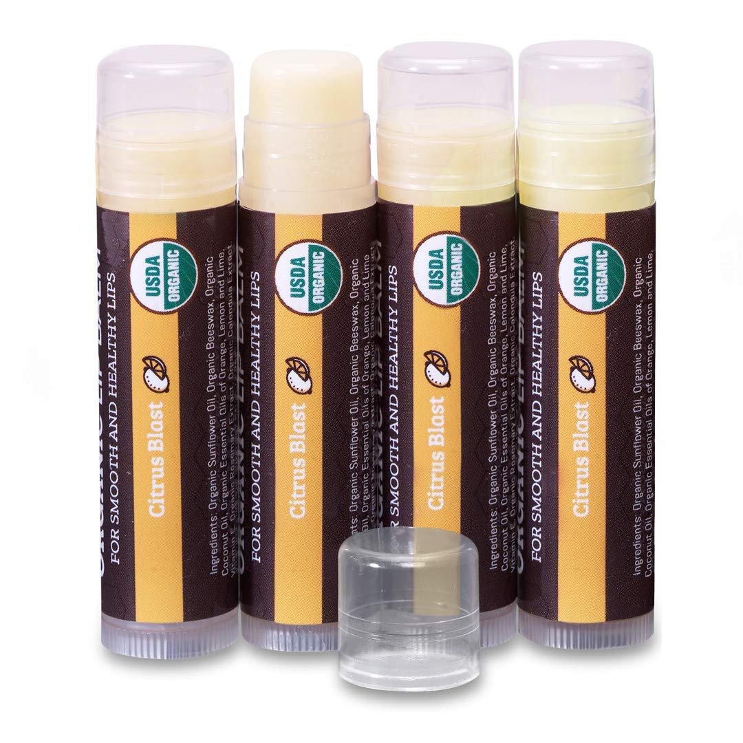 Earth's Daughter USDA Organic Lip Balm 4-Pack Citrus Flavor - Beeswax, Coconut Oil, Vitamin E - Best Lip Repair Chapstick for Dry Cracked Lips.