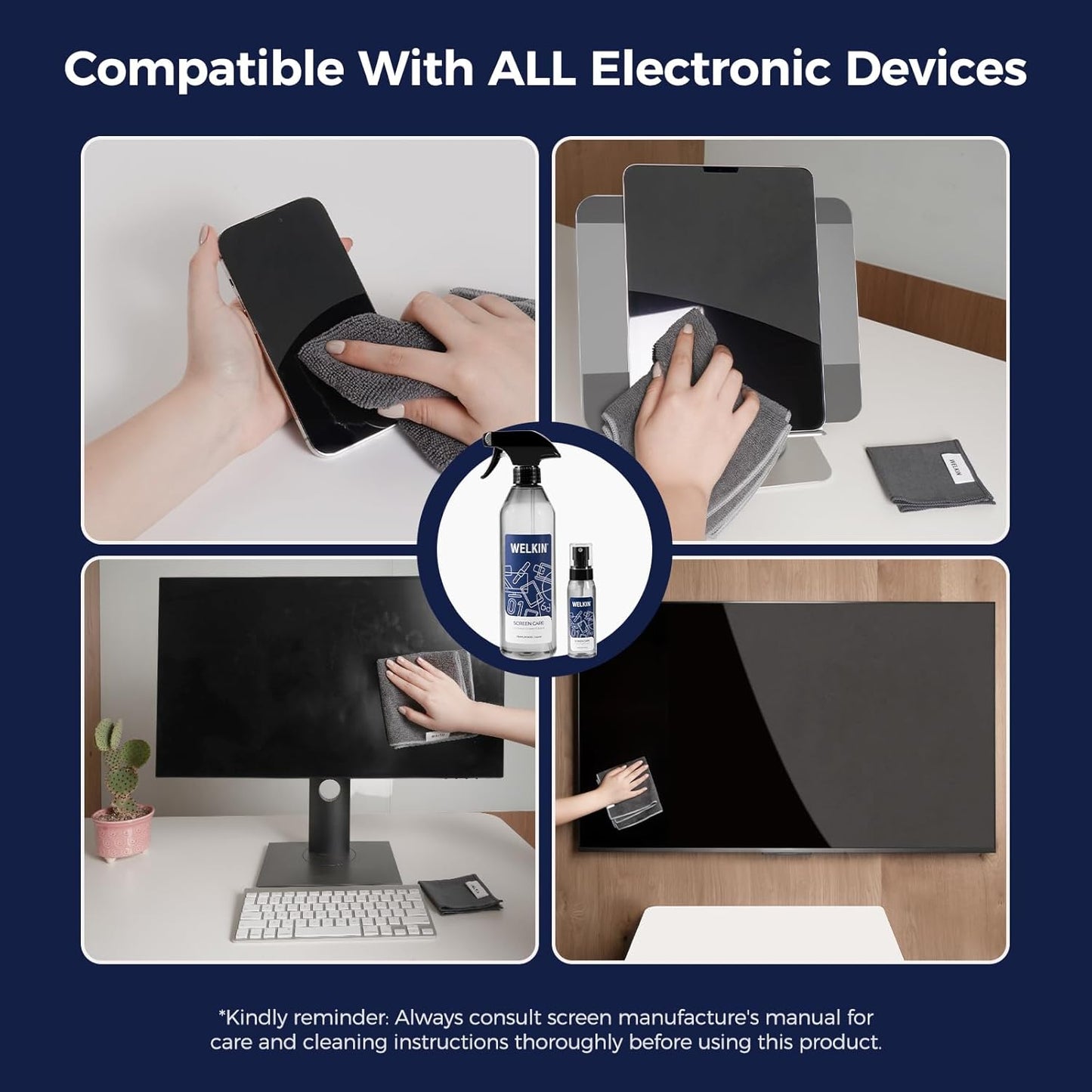 WELKIN Screen Cleaner Spray Kit (550ml + 60ml) - Cleaning Mist for TV, Laptop, Computer, Phone Touchscreen - 2 Sprayers，1 Microfiber Cloth & 1 Glass Wipe Included