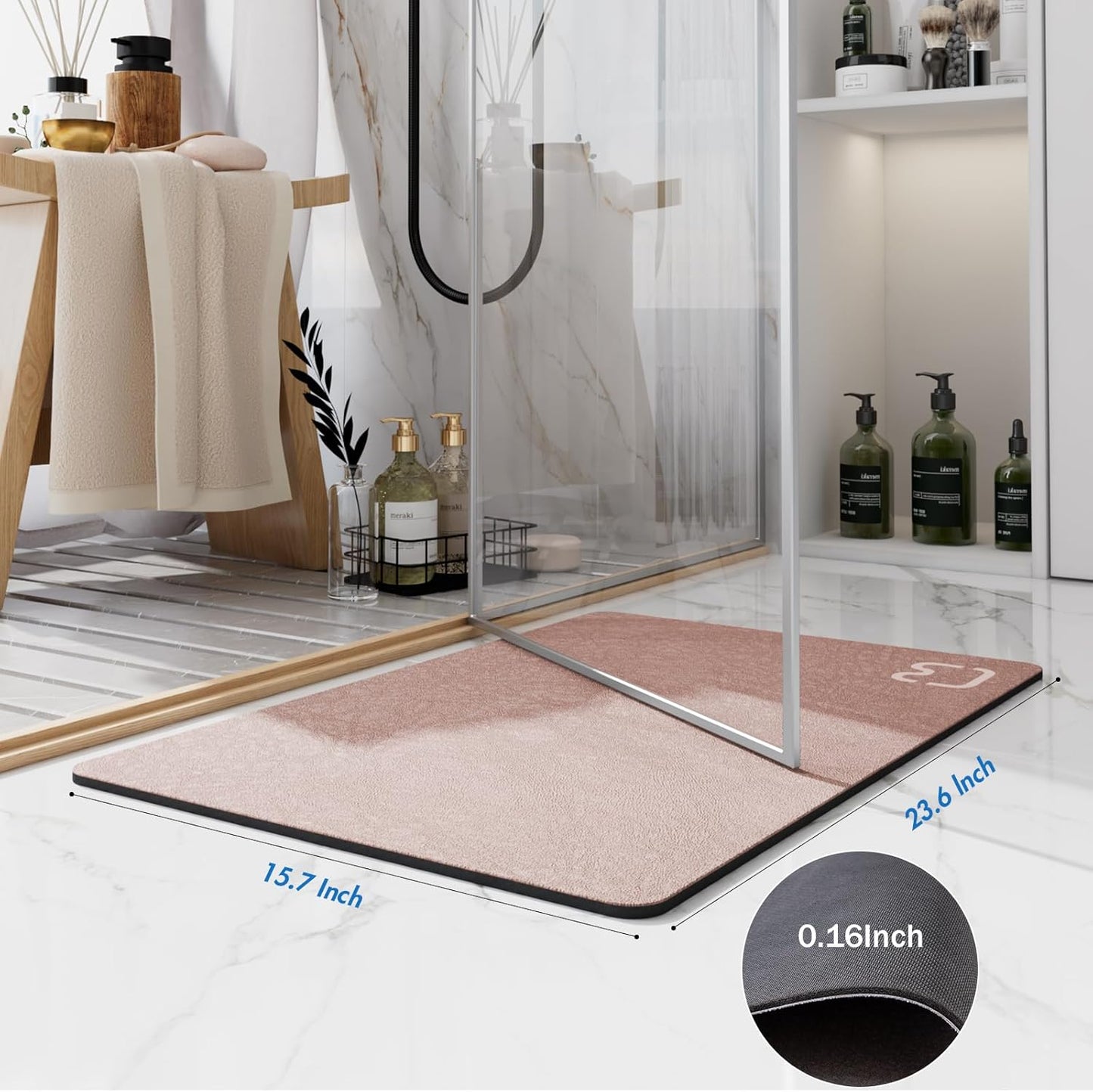 Diatomaceous Earth Bath Mat Rugs Quick Dry Super Absorbent Non Slip Rubber Bottom Thin Bathroom Mat Fit Under Door, Floor Rugs in Front of Bathtub,Shower Room,Sink,Washable, 15.7"x23.6", Blush Pink