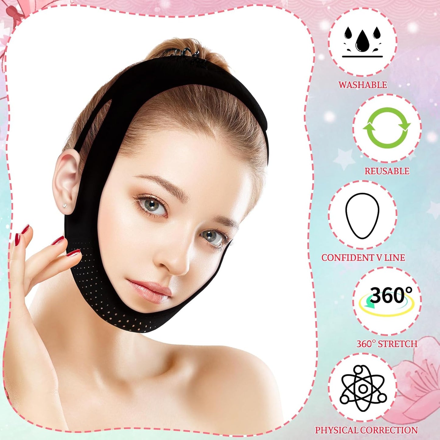 V Line Lifting Mask Chin Strap for Sleeping 2 Pcs, Adjustable Reusable Jaw Strap Face Lifting Belt Facial Slimming Straps Double Chin Reducer