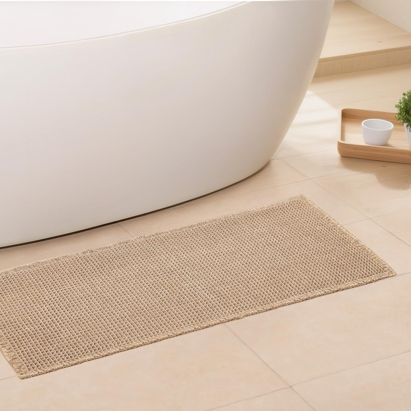 Waffle Bath Mat - Boho Bathroom Rugs Non Slip Washable, Super Absorbent & Quick Dry, Soft Bath Mat Farmhouse Bathroom Decor, 24'' x 48'', Khaki