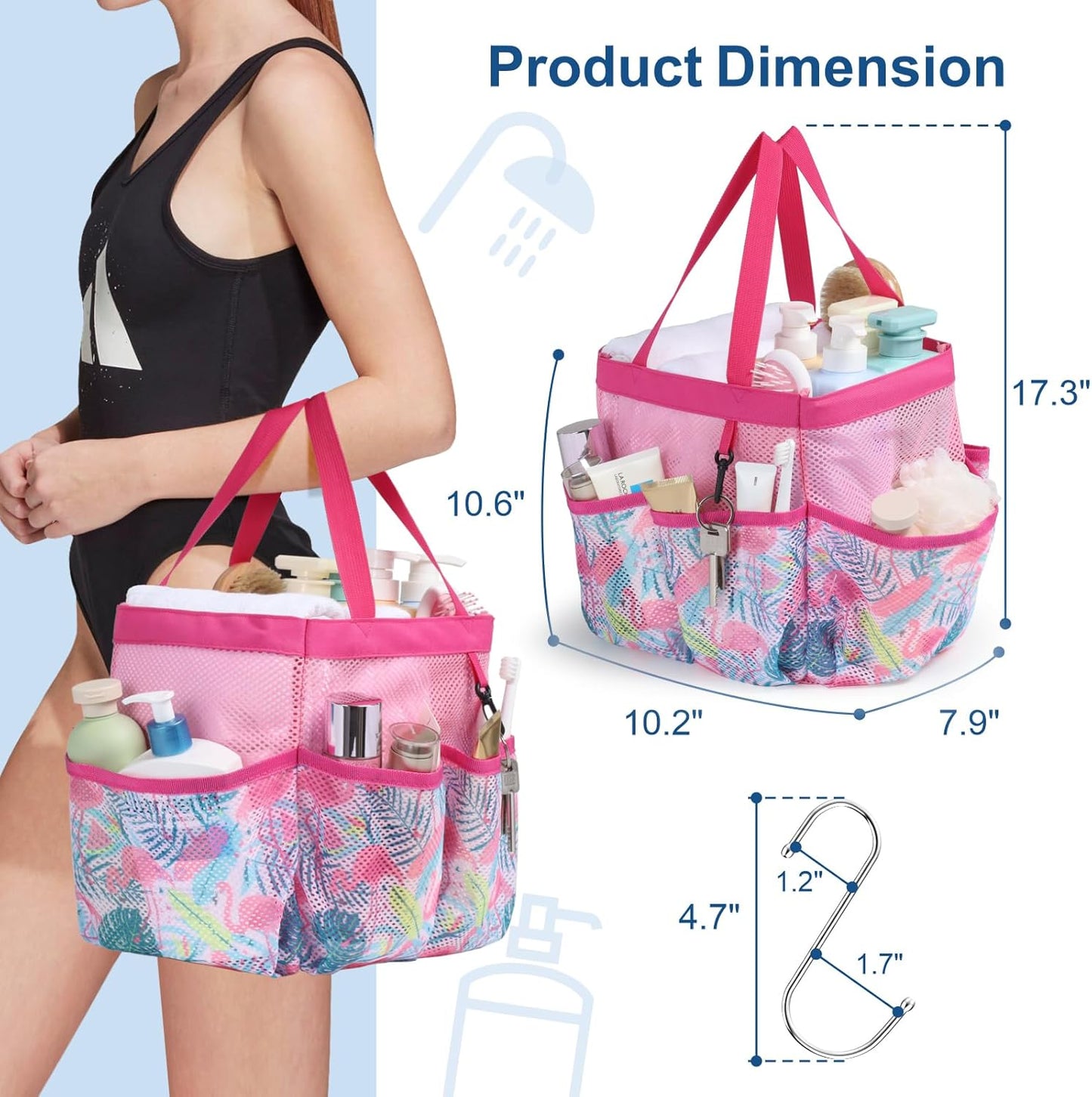 F-color Shower Caddy Portable - Mesh Shower Bag Basket Tote for College Dorm Room Essentials Bathroom Gym Camp Quick Dry for Women Men with S Hook, Pink Flamingo