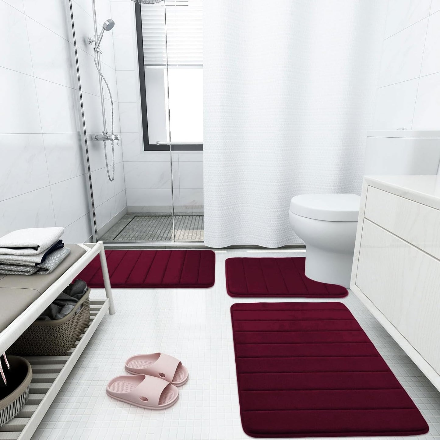 Buganda Memory Foam Bath Mat, 47" x 17", Ultra Soft and Non-Slip Bathroom Rugs, Water Absorbent and Machine Washable Bath Rug Runner for Bathroom, Shower, and Tub, Burgundy