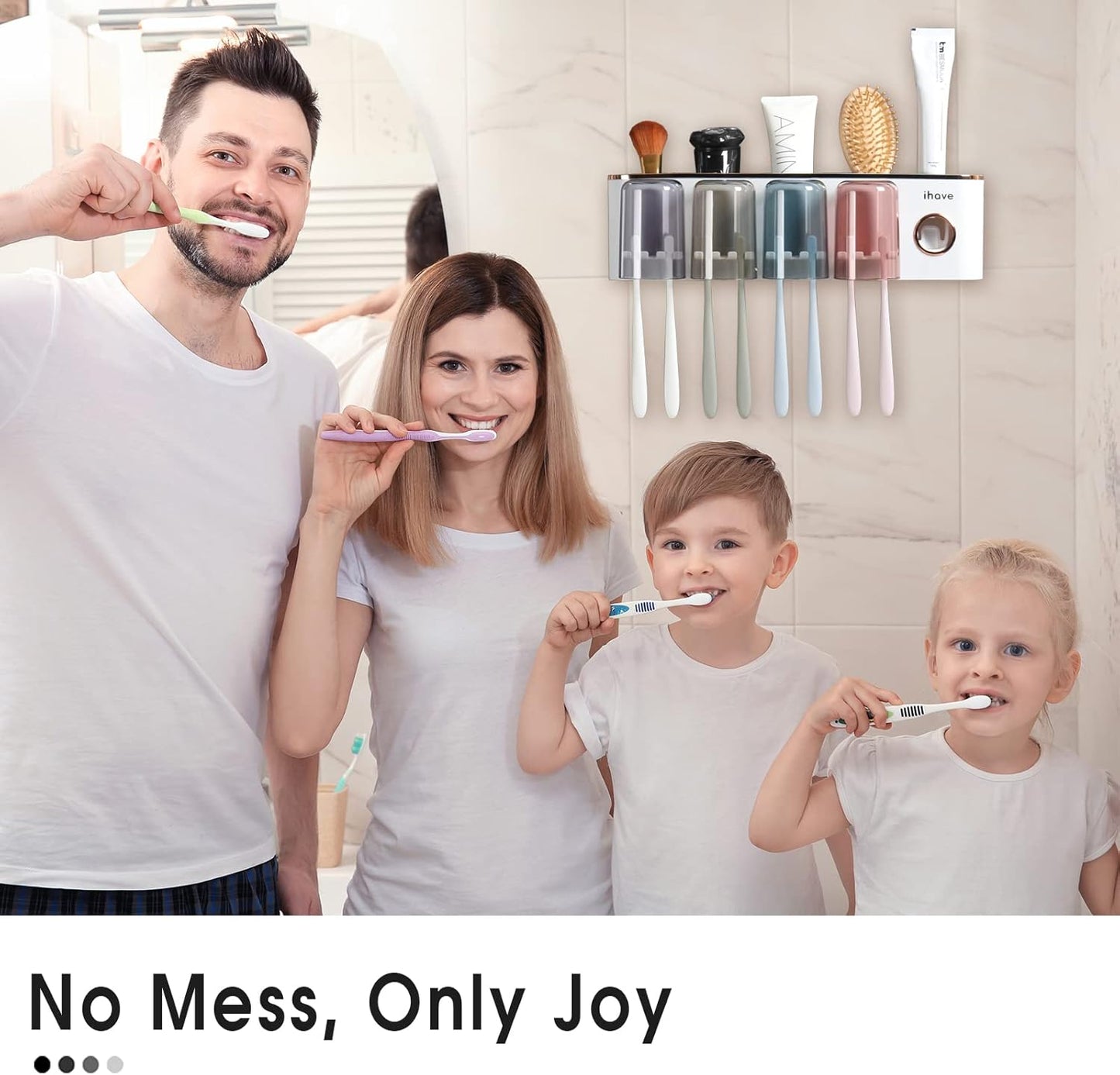 iHave Toothbrush Holders Bathroom Accessories with Toothpaste Dispenser, 4 Cups Toothbrush Holder Wall Mounted Bathroom Decor