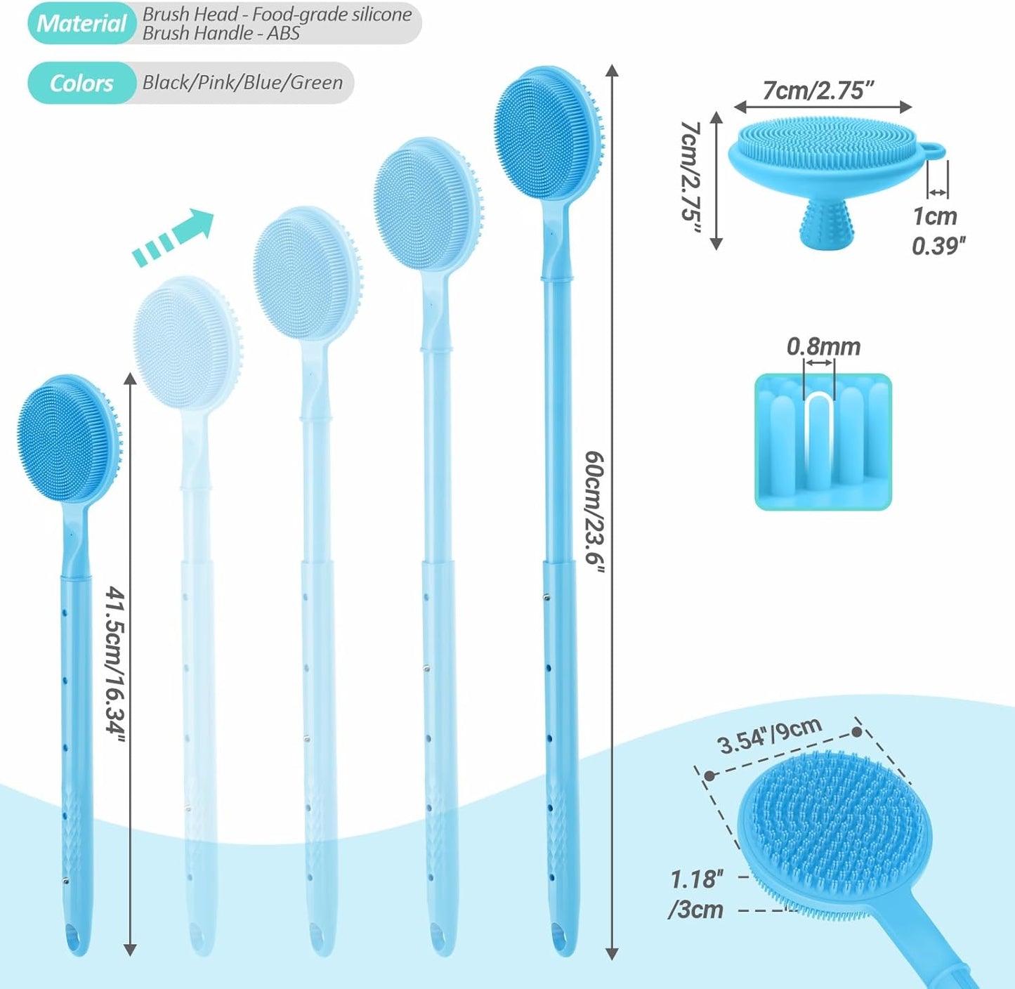 Adjustable Silicone Back & Face Scrubber Set, 16''-24'' Extendable Shower Back Scrubber with Dual-Side Head and Lathering Bristles, Manual Face Scrubber with Soft Bristles Non-Slip Handle(Blue)