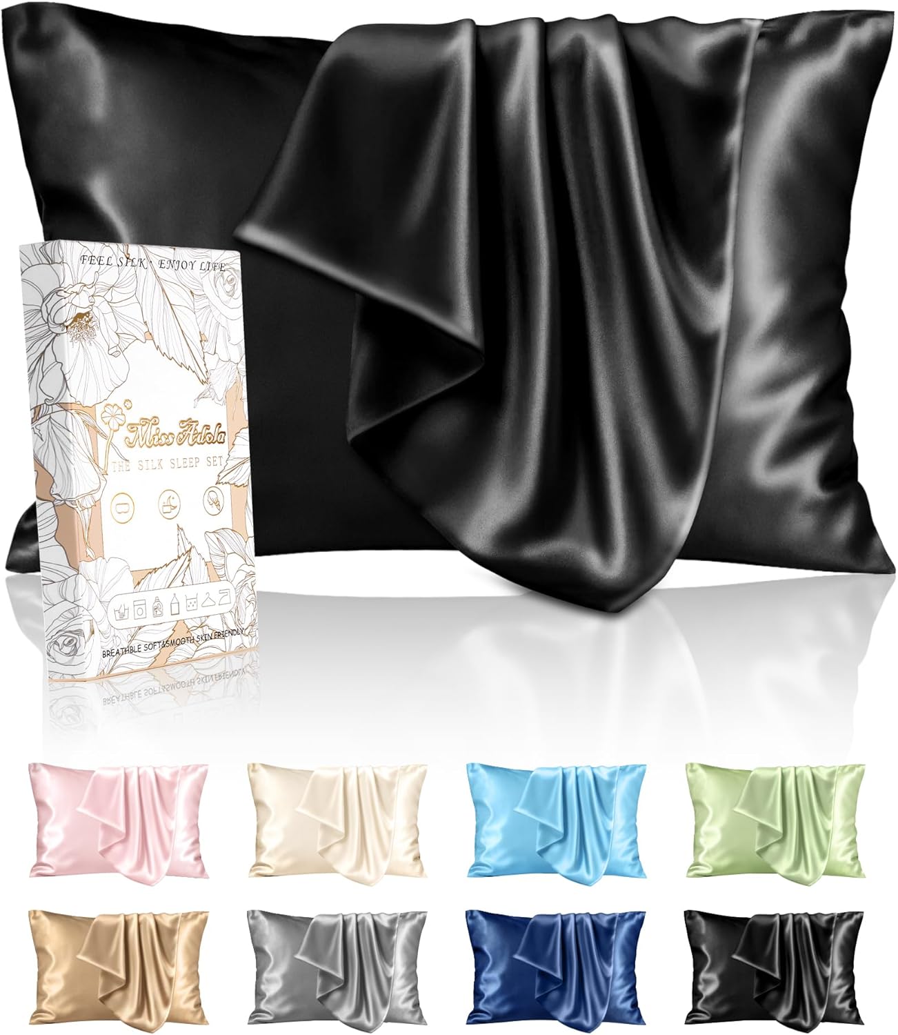 Silk Pillowcase 2 Pack - Pillow Cases Queen Set of 2 Size 20" x 30" for Hair and Skin Smooth Soft Breathable with Hidden Zipper Cooling Pillow Covers for Sleeping Women, Black