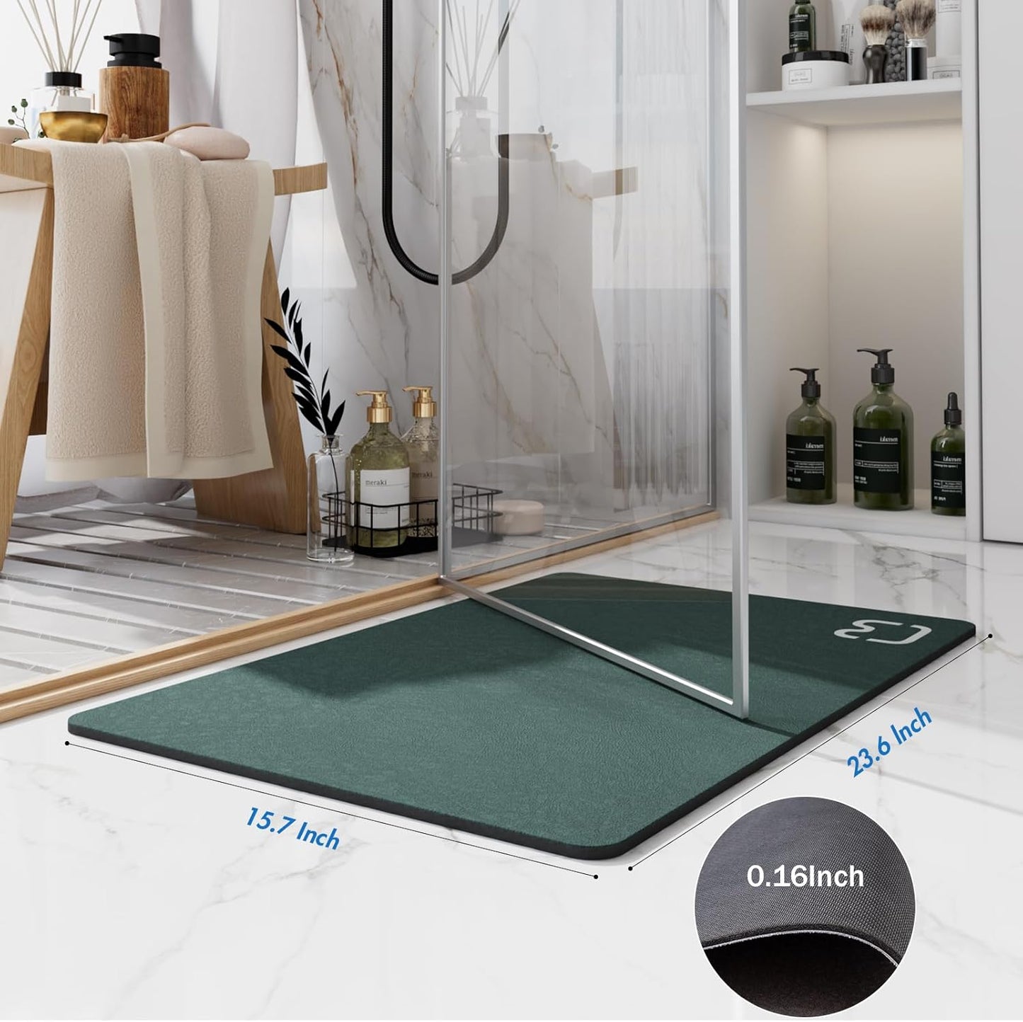 Bath Mat (15.7x23.6), Bathroom Non Slip Absorbent Quick Dry Rubber Backed, Dark Green