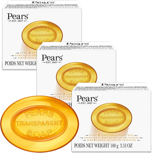 Pears Glycerin Soap, Transparent Amber with Natural Oils, 3-Pack – Pure & Gentle Cleanser for Soft, Glowing Skin, 3.53 Oz Ea